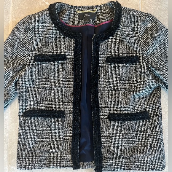 J.CREW Glen Plaid Braided Trim Tweed Jacket Blazer Black/White | Size 2 Womens - Picture 6 of 12